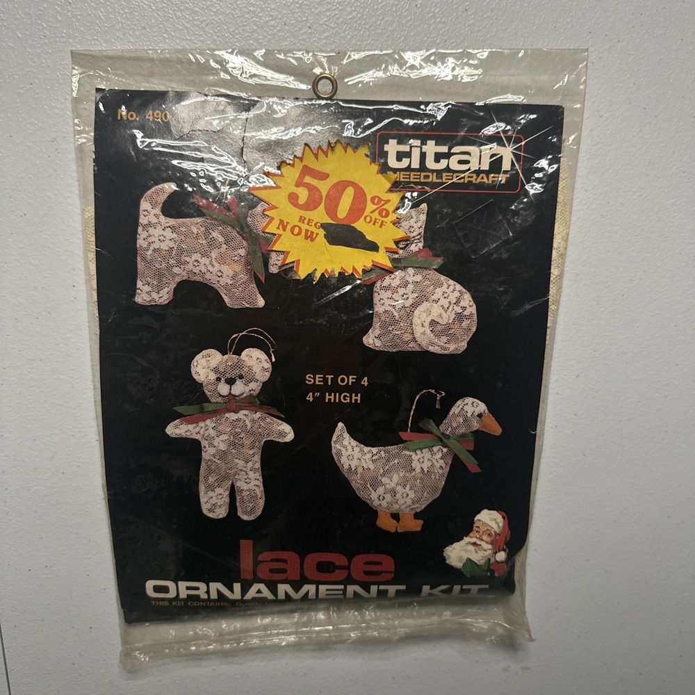 NEW Vtg Titan Needlecraft Lace Ornament Kit 1985 Set of 4 Dog Cat Bear Goose